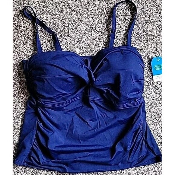 Lands' End Swim Top Navy 16 Reg Tankini Bandeau Padded Bra Removable strap S927 - Picture 1 of 9